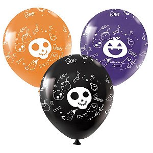 Balão Decorado Halloween Sortido - Laranja, Roxo e Preto - 11'' 28 cm - 25 unidades - Art-Latex - Rizzo