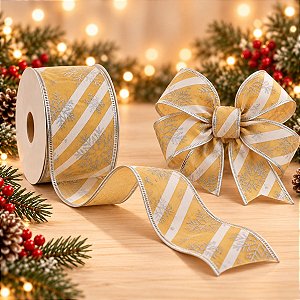 Fita Decorativa Floco de Neve Dourada - 6,3 cm de Altura x 914 cm de Comprimento - 1 unidade - Cromus - Rizzo Embalagens
