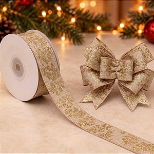 Fita de Juta Folhas Bege e Ouro - 6,3cm x 914cm - 1 unidade - Cromus - Rizzo Embalagens
