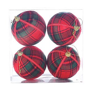 Bolas de Natal Xadrez - Vermelho/Verde - 10 cm - 4 unidades - Cromus - Rizzo Embalagens