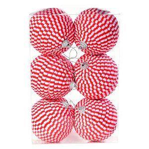 Bolas de Natal Listrada - Vermelho/Branco- 8 cm - 6 unidades - Cromus - Rizzo Embalagens