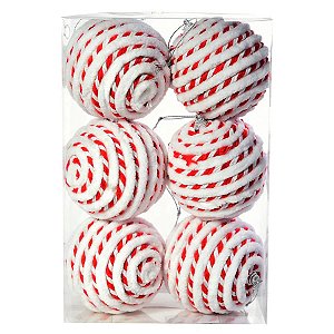 Bolas de Natal Listrada - Vermelho/Branco - 8 cm - 6 unidades - Cromus - Rizzo  Embalagens