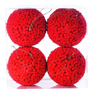 Bolas de Natal PomPom - Vermelho - 10 cm - 4 unidades - Cromus - Rizzo Embalagens