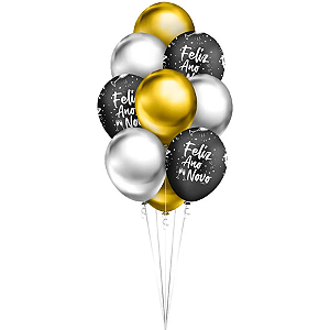 Balão de Látex Ano Novo - Balão Feliz Ano Novo Prata, Preto e Dourado - 10 unidades - Regina - Rizzo