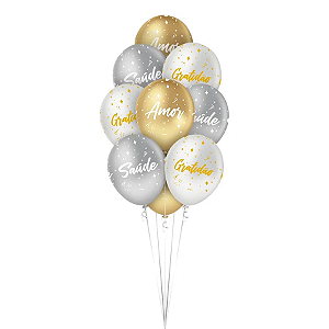 Balão de Látex Ano Novo - Balão Feliz Ano Novo Prata, Branco e Dourado - 10 unidades - Regina - Rizzo