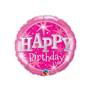 Balão de Festa Microfoil 18" 46cm - Happy Birthday Rosa com Brilho - 1 unidade - Qualatex - Rizzo