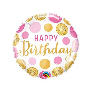 Balão de Festa Microfoil 18" 46cm - Happy Birthday Bolinhas Rosas e Douradas - 1 unidade - Qualatex - Rizzo