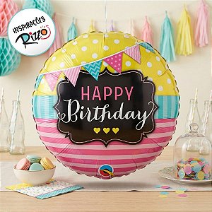 Balão de Festa Microfoil 18" 46cm - Happy Birthday Bandeirinhas e Listras - 1 unidade - Qualatex - Rizzo