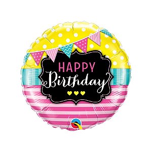 Balão de Festa Microfoil 18" 46cm - Happy Birthday Bandeirinhas e Listras - 1 unidade - Qualatex - Rizzo