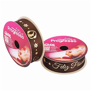 Fita de Cetim 22mm x 10m - Feliz Páscoa - Marrom  ECF005H Cor 901 - 1 unidade - Fitas Progresso - Rizzo