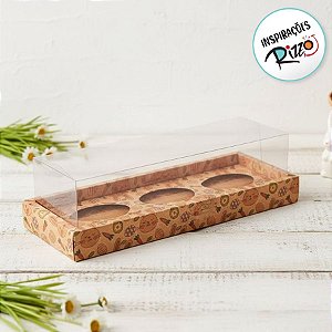 Caixa para 3 Meio Ovos de 50g a 80g em Linha com Moldura - 8x26,3x8cm - Kraft Coelhos - 5 unidades - ASSK