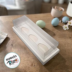 Caixa para 3 Meio Ovos de 50g a 80g em Linha com Moldura - 8x26,3x8cm - Branca - 5 unidades - ASSK