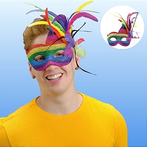Máscara de Carnaval Roma com Penas Multicolor - Adulto - 1 unidade - Cromus - Rizzo