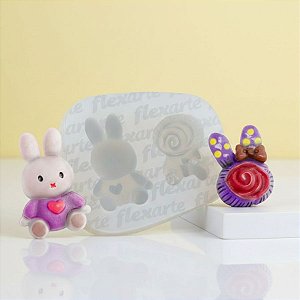 Molde de silicone Coelho com Coração e Coelho com Flor Ref. 820 - 1 unidade - FlexArte - Rizzo