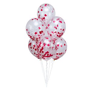 Kit Buquê Balões Látex Transparente com Confete Coração Vermelho e Branco - Buque com 06 Balões - 1 unidade - Regina - R