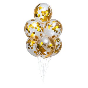 Kit Buquê Balões Látex Transparente com Confete Circulo Dourado - Buque com 06 Balões - 1 unidade - Regina - Rizzo