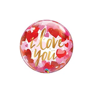 Balão de Festa Bubble 22" 56cm - Y Love You (Eu Te Amo) Corações de Papel - 1 unidade - Qualatex Outlet - Rizzo