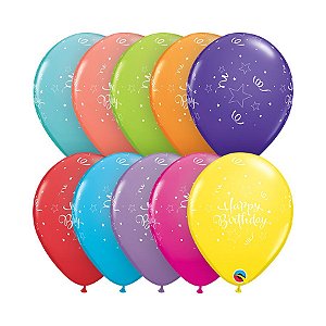 Balão de Festa Látex Liso Decorado - Happy Birthday Estrelas Brilhantes - 11" 28cm - 6 un - Qualatex Outlet - Rizzo