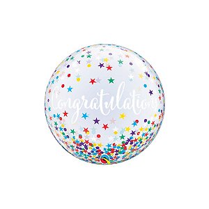 Balão de Festa Bubble 22" 56cm - Congratulations (Parabéns) Confete e Estrelas - 1 unidade - Qualatex Outlet - Rizzo