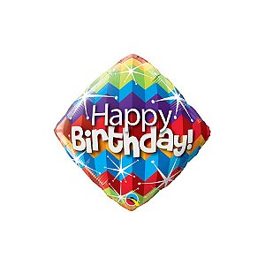 Balão de Festa Microfoil 18" 46cm - Diamante Happy Birthday Ziguezagues Coloridos - 1 unidade - Qualatex Outlet - Rizzo