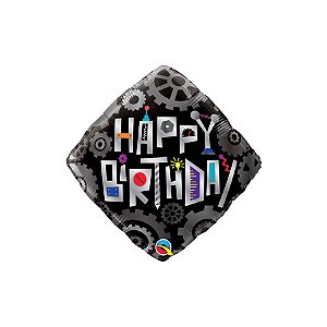 Balão de Festa Microfoil 18" 46cm - Diamante Happy Birthday Peças de Robô - 1 unidade - Qualatex Outlet - Rizzo