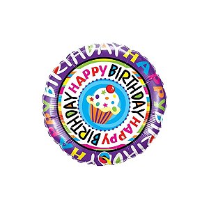 Balão de Festa Microfoil 18" 46cm - Redondo Birthday Cupcake (Aniversário Cupcake) - 1 unidade - Qualatex Outlet - Rizzo