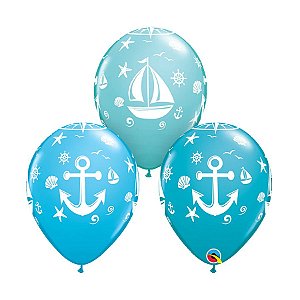 Balão de Festa Látex Liso Decorado - Âncora e Veleiro Náutico Azul - 11" 28cm - 50 unidades - Qualatex Outlet - Rizzo