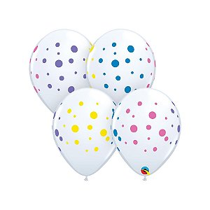 Balão de Festa Látex Liso Decorado - Branco com Pontos Coloridos - 11" 28cm - 50 unidades - Qualatex Outlet - Rizzo