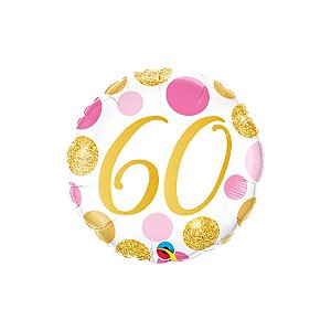 Balão de Festa Microfoil 18" 46cm - Redondo Número 60 com Pontos Rosa/Ouro  - 1 unidade - Qualatex Outlet - Rizzo