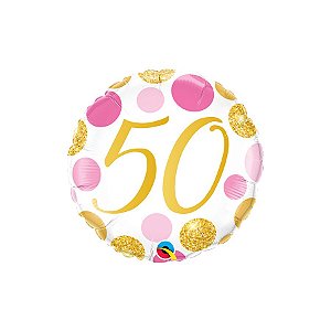Balão de Festa Microfoil 18" 46cm - Redondo Número 50 com Pontos Rosa/Ouro  - 1 unidade - Qualatex Outlet - Rizzo