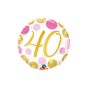 Balão de Festa Microfoil 18" 46cm - Redondo Número 40 com Pontos Rosa/Ouro  - 1 unidade - Qualatex Outlet - Rizzo