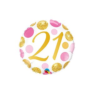 Balão de Festa Microfoil 18" 46cm - Redondo Número 21 com Pontos Rosa/Ouro  - 1 unidade - Qualatex Outlet - Rizzo