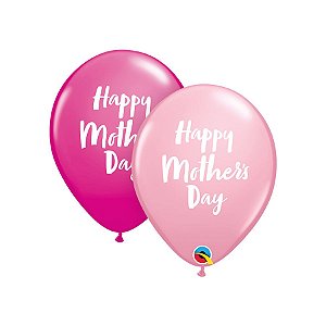 Balão de Festa Látex Liso Decorado - Happy Mother's Day Rosa/Pink - 11" 28cm - 50 unidades - Qualatex Outlet - Rizzo
