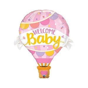Balão de Festa Microfoil 42" 107cm - Balão Welcome Baby (Bem-Vindo Bebê) Rosa - 1 unidade - Qualatex Outlet - Rizzo