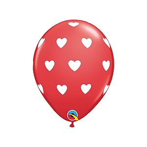 Balão de Festa Látex Liso Decorado - Corações Grandes Vermelho/Branco - 11" 28cm - 6 unidades - Qualatex Outlet - Rizzo