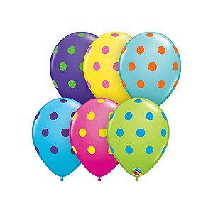 Balão de Festa Látex Liso Decorado - Pontos Polka Colorido Sortido - 11" 28cm - 50 unidades - Qualatex Outlet - Rizzo