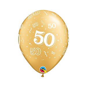 Balão de Festa Látex Liso Decorado - Número 50 Ouro - 11" 28cm - 6 unidades - Qualatex Outlet - Rizzo