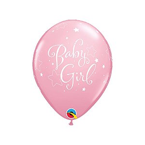 Balão de Festa Látex Liso Decorado - Baby Girl! (Menina) Estrelas Rosa - 11" 28cm - 6 unidades - Qualatex Outlet - Rizzo
