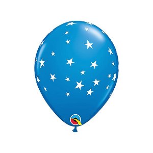 Balão de Festa Látex Liso Decorado - Estrelas Azul e Branco - 11" 28cm - 50 unidades - Qualatex Outlet - Rizzo