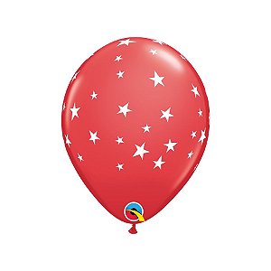 Balão de Festa Látex Liso Decorado - Estrelas Vermelho e Branco - 11" 28cm - 50 unidades - Qualatex Outlet - Rizzo