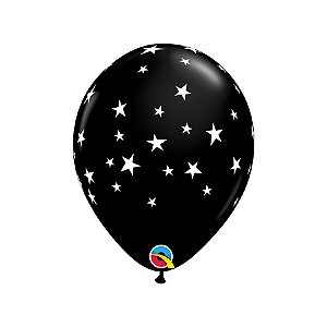 Balão de Festa Látex Liso Decorado - Estrelas Preto e Branco - 11" 28cm - 50 unidades - Qualatex Outlet - Rizzo