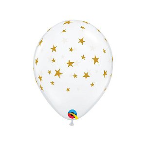 Balão de Festa Látex Liso Decorado - Estrelas Contemp. Transp/Ouro - 11" 28cm - 50 unidades - Qualatex Outlet - Rizzo