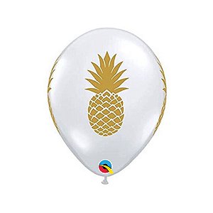 Balão de Festa Látex Liso Decorado - Abacaxi Transparente e Dourado - 11" 28cm - 50 unidades - Qualatex Outlet - Rizzo
