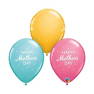 Balão de Festa Látex Liso Decorado - Happy Mothers Day Pontos Sortido - 11" 28cm - 50 unidades - Qualatex Outlet - Rizzo