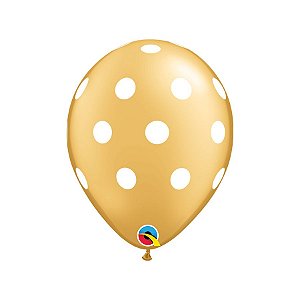 Balão de Festa Látex Liso Decorado - Pontos Polka Ouro e Branco - 11" 28cm - 50 unidades - Qualatex Outlet - Rizzo