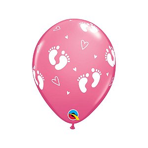 Balão de Festa Látex Liso Decorado - Pegadas de Bebê e Corações Rosa - 11" 28cm - 6 unidades - Qualatex Outlet - Rizzo