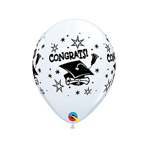 Balão de Festa Látex Liso Decorado - Congrats! Cap Branco - 11" 28cm - 50 unidades - Qualatex Outlet - Rizzo
