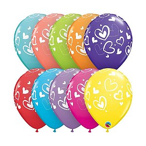 Balão de Festa Látex Liso Decorado - Mix de Corações - 11" 28cm - 6 unidades - Qualatex Outlet - Rizzo