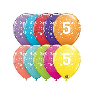 Balão de Festa Látex Liso Decorado - Número 5 com Estrelas Sortido - 11" 28cm - 6 unidades - Qualatex Outlet - Rizzo