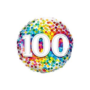 Balão de Festa Microfoil 18" 46cm - Redondo Número 100 com Confetes Arco-Íris - 1 unidade - Qualatex Outlet - Rizzo